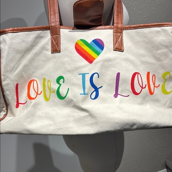 White and Brown Tote with Rainbow Message - Picture 12 of 14